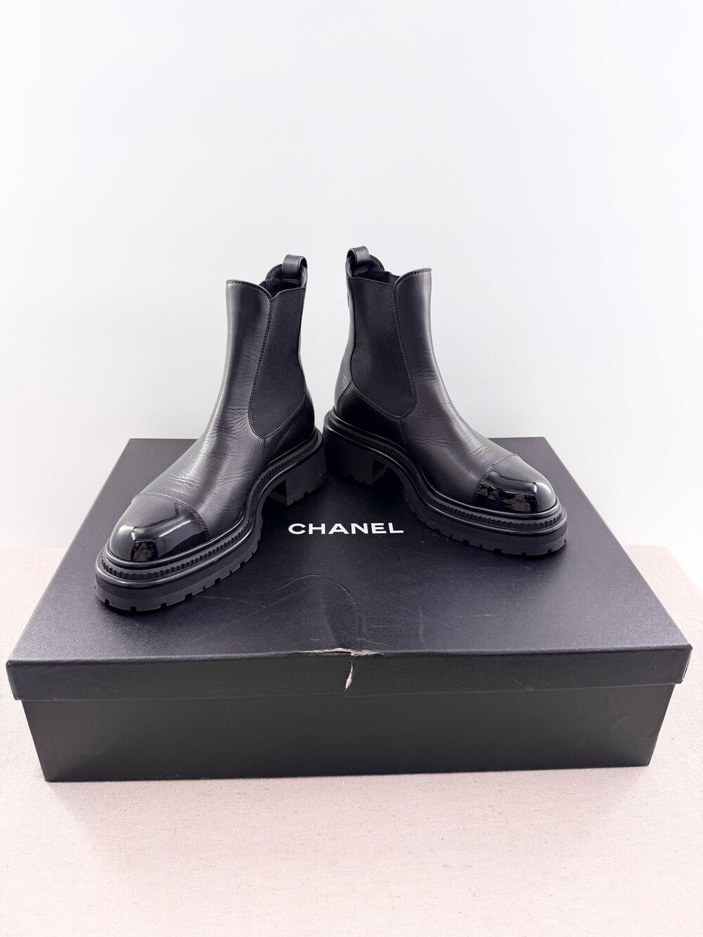 Chanel Leather Chunky Lugsole Ankle Chelsea Boots Black Women's Size EU 36